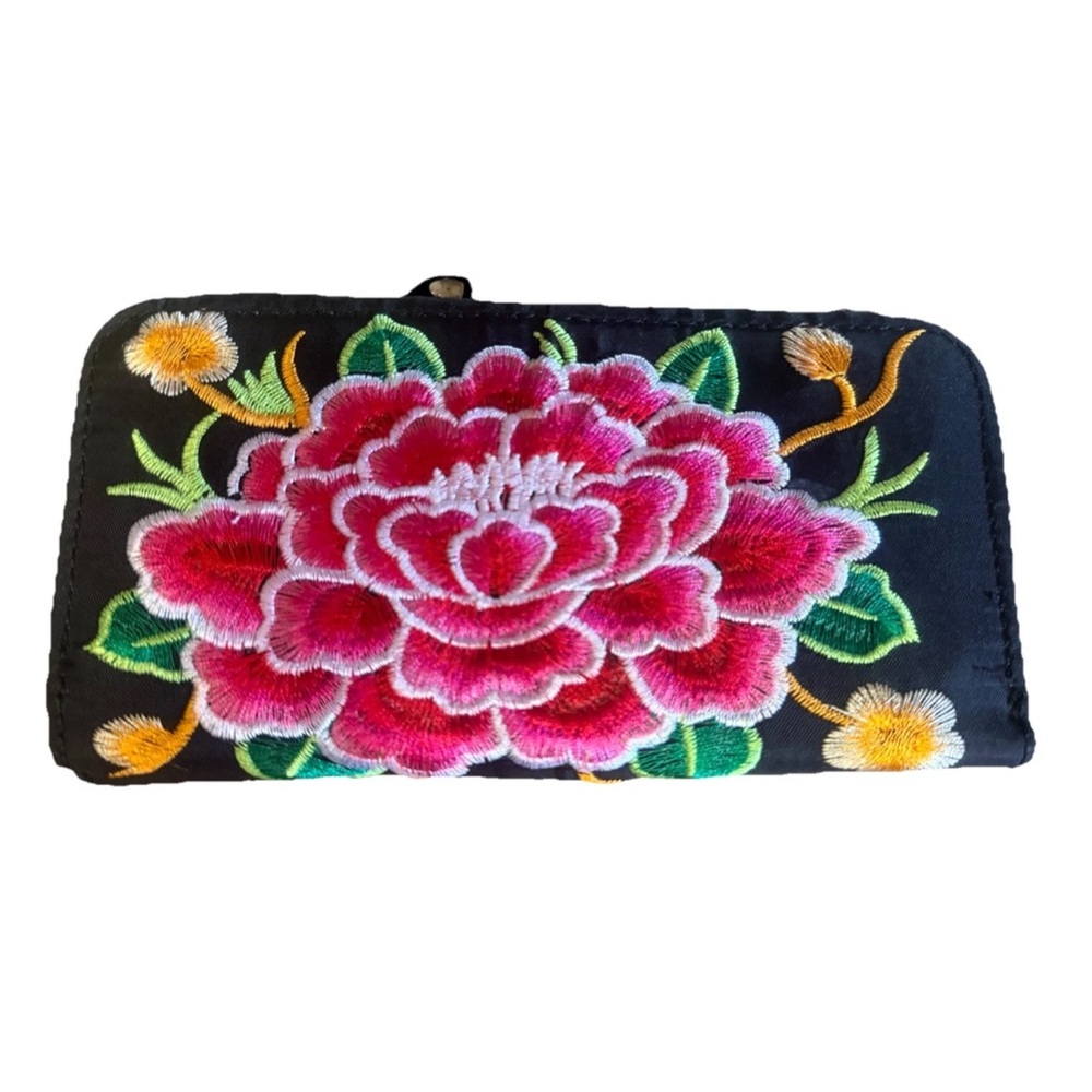 Floral Embroidered Women's Clutch - Black and Pink